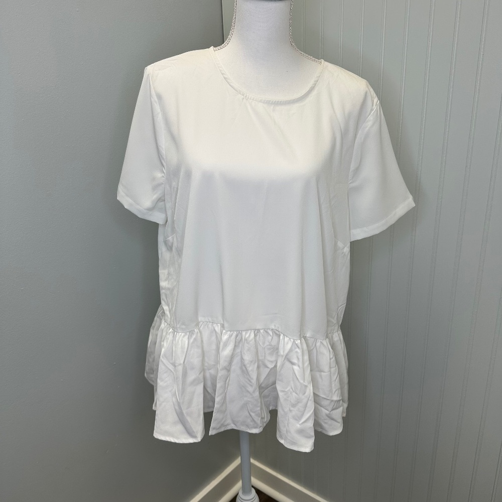 Hinge White Short Sleeve Ruffle Hem Peplum Back Tie Blouse S:X1